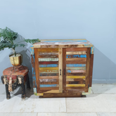 Handmade Indian Furniture Solid Hard Wood Carved 2 Doors Cabinet Multicolor 80x40x73Cm